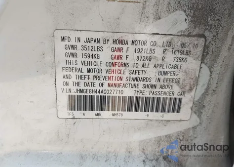2010 Honda Fit Sport from USA, damaged, VIN JHMGE8H44AC027710